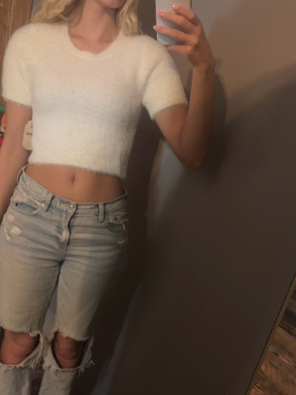 Altar'd State White Fuzzy Cropped Knit Tee